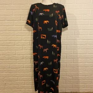 Vintage Black Maxi Dress with Animal Print